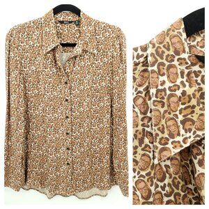 Betabrand Ruth Bader Ginsburg Leopard Print Button Down Shirt M Tan/Brown